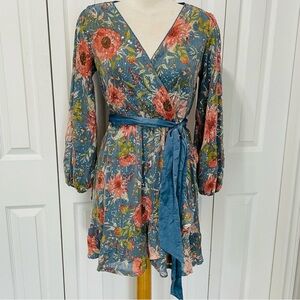 LC Lauren Conrad Blue Floral Long-Sleeve Wrap Dress